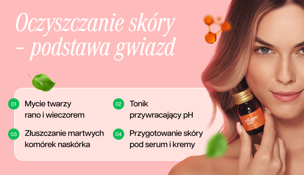 infografika przedstawiająca oczyszczanie skóry jako sposób gwiazd na gładką skórę