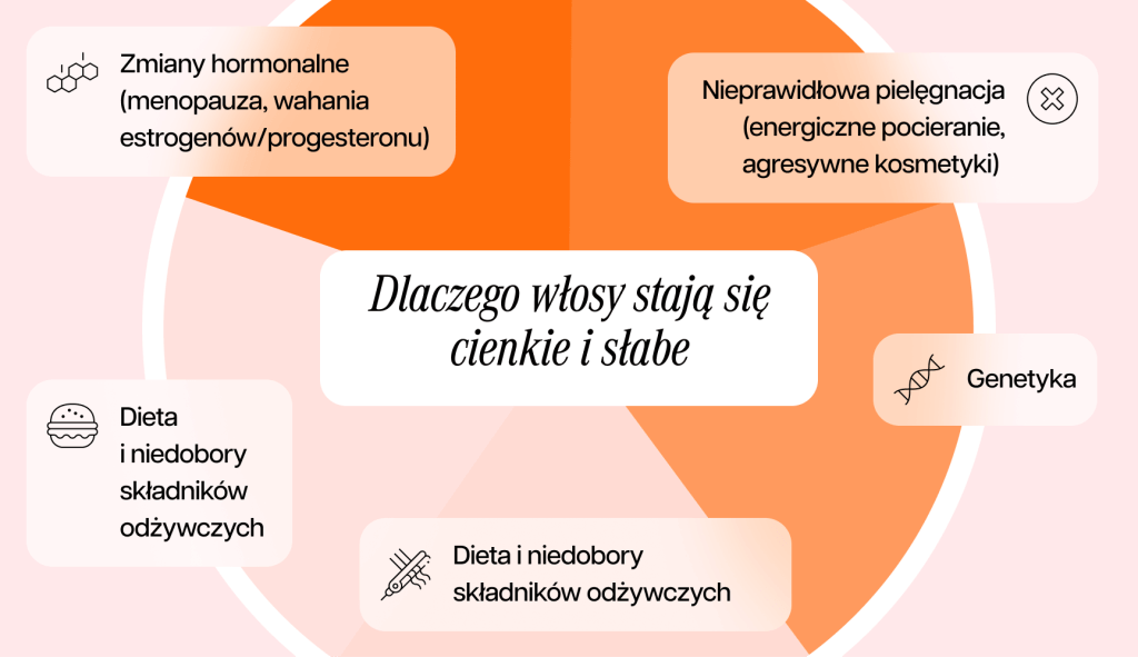 infografika przedstawiająca powody, przez które włosy stają się cienkie i słabe
