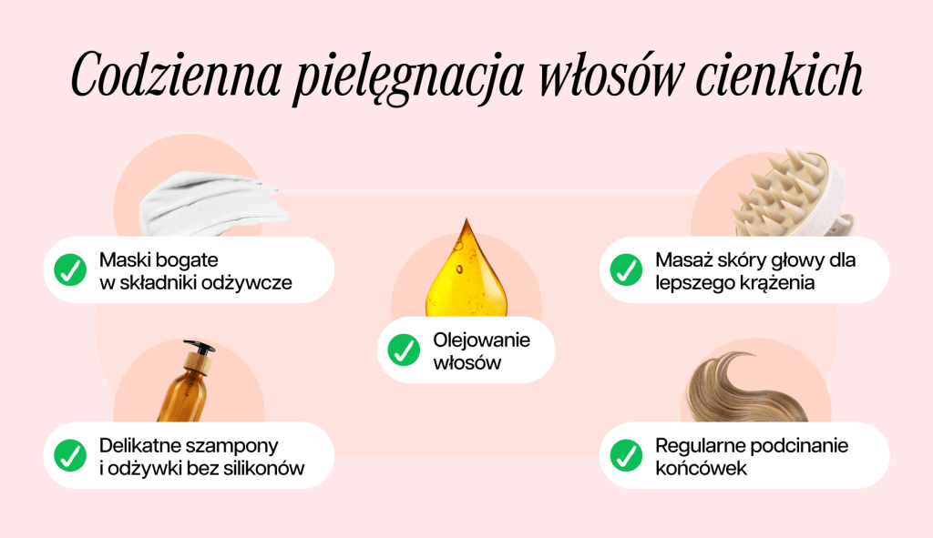 infografika przedstawiająca codzienną pielęgnację włosów cienkich